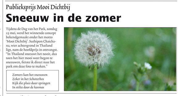 Tijdens de Dag van het Park, zondag 25 mei, werd het winnende concept bekendgemaakt onder het motto Mooi Dichtbij. Suthipon Chaichana, wier achtergrond in Thailand ligt, nam de hoofdprijs in ontvangst. In Thailand sneeuwt het nooit, dus toen het hier mooi weer begon te sneeuwen, fietste ik direct naar het park om deze foto te maken. Zomers kan het sneeuwen, Zeker in het Schoterbos, Kijk die pluis daar springen, In stilte door de kosmos